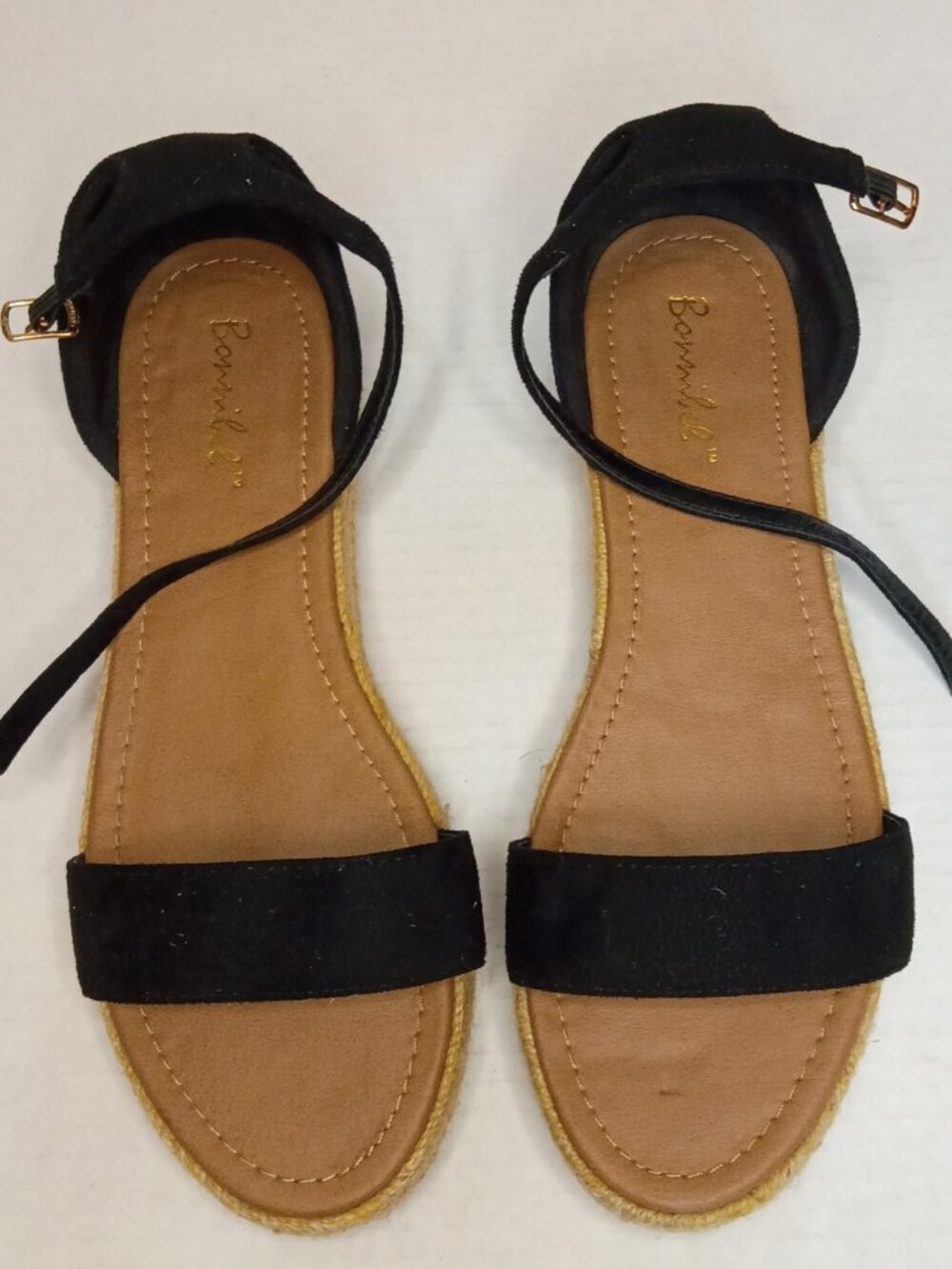 Bonnibel Black Faux Suede Flat Espadrille Sandals Ankle Strap Women's Size 9